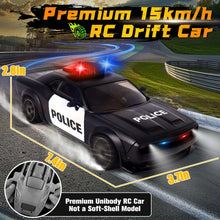 Black police drift RC car with red and blue LED lights and wide tires