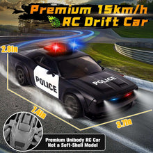 Black police RC drift car with LED front lights, visible body and spinning tires