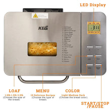 Stainless steel bread maker with LCD menu screen, buttons, and viewing window