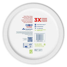 Back of 10-inch disposable paper plate with white surface and product information labels