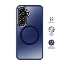 Metallic blue phone case with circular reflector and camera cutouts, plus embedded attachments