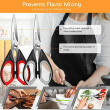 Kitchen scissors set with serrated blades and black-and-red ergonomic handles.