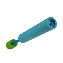 Neon blue foam water blaster tube with dark blue nozzle detail and green handle end