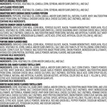Snack variety pack ingredients list with flavor names and oil-based ingredients