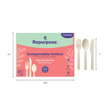Repurpose compostable cutlery set with beige fork, spoon and knife beside box and dimensions
