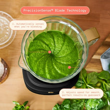 Glass blender jar filled with green smoothie on a black PrecisionSense-style base