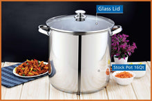 Stainless steel stock pot with clear glass lid and side handles