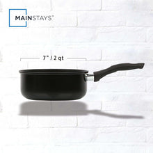 Black nonstick saucepan with long handle and curved rim
