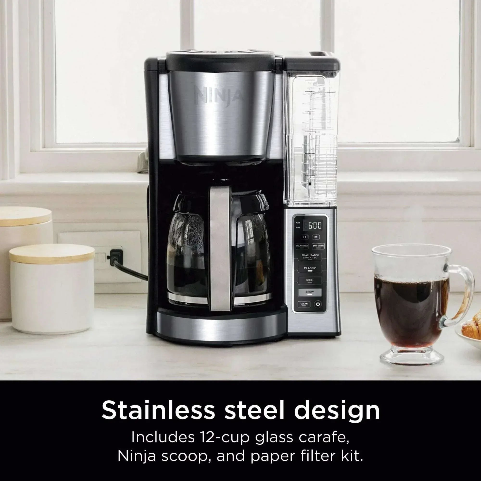 Ninja 12-Cup Programmable Coffee Brewer, 2 Brew Styles, Adjustable Warm Plate, 60oz Water Reservoir, Black/Stainless Steel, CE250