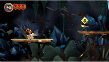 Nintendo Switch platformer game screenshot: characters on platforms in dark rocky cave