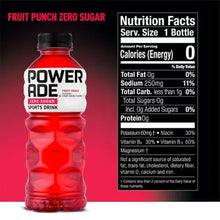Powerade Zero Fruit Punch sports drink bottle with Nutrition Facts panel