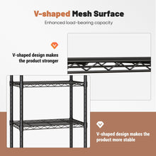 V-shaped wire mesh shelf frame detail for a black 3-tier shelving unit