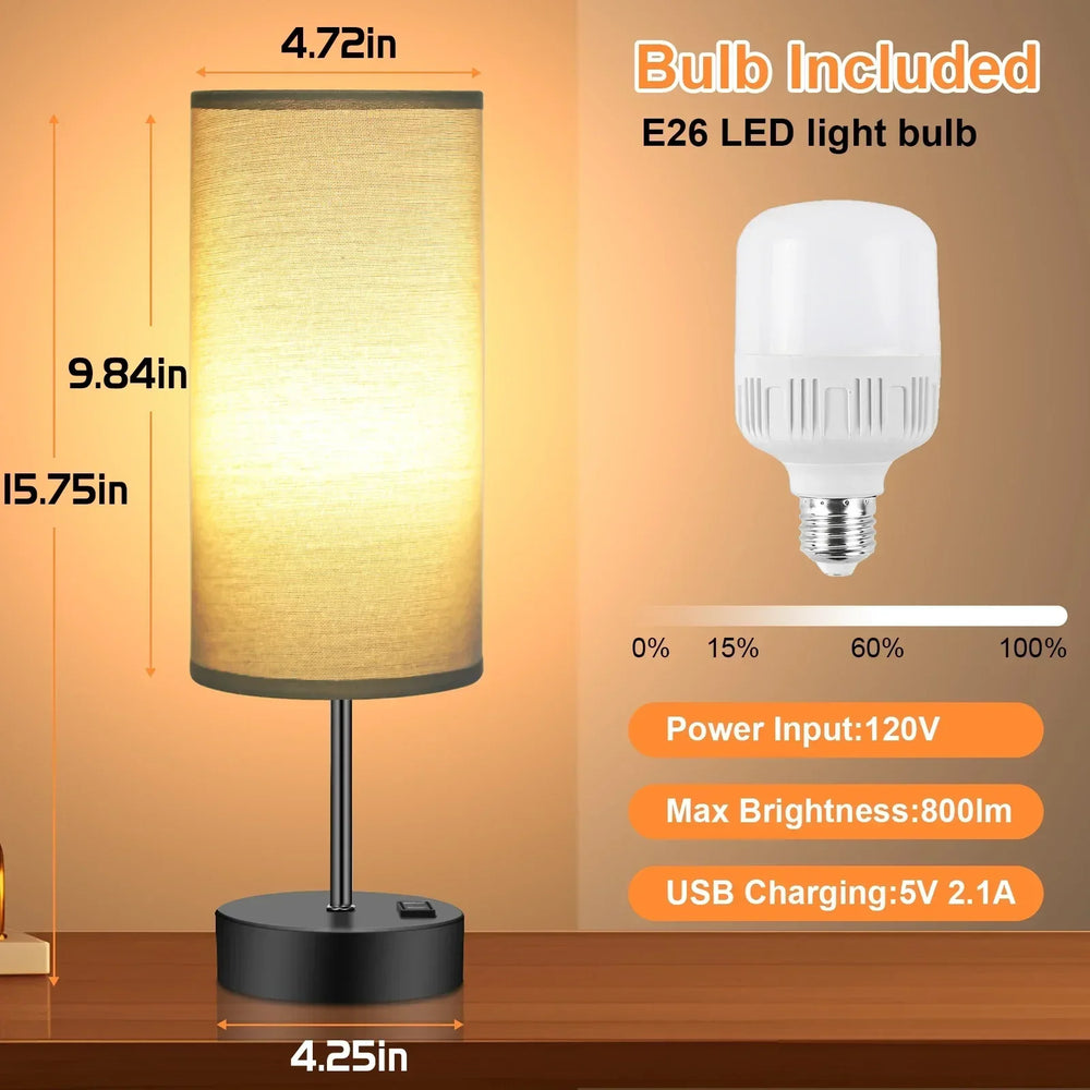 Table Lamps for Bedroom, 3 Way Dimmable Touch Control Bedside Lamp with USB C+A Fast Charging Ports, Nightstand Lamp for Office, Living Room, Reading(E26 Light Bulb Included) - USA MEGA SHOP