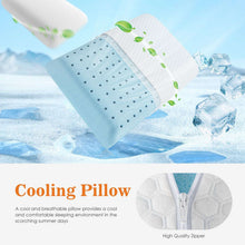 Memory foam pillow with blue perforated insert and white zippered cover, quilted texture