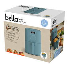bella 4 qt air fryer retail box in Surf blue with product image and warranty badge