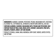 Ingredients panel for Great Value Deluxe mixed nuts jar on white background