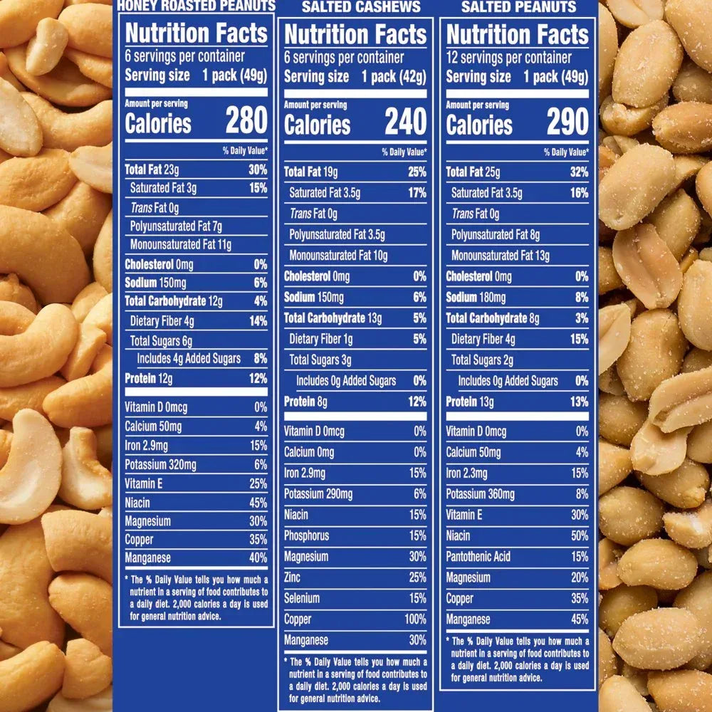 Salted Cashews, Salted Peanuts & Honey Roasted Peanuts Variety Pack, 24 Ct Packs