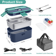 Green and royal blue electric lunch box with stainless tray, spoon/fork, and carry bag