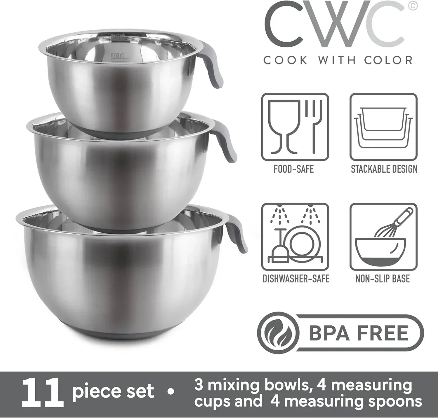 COOK WITH COLOR Stainless Steel Mixing Bowls Set and Measuring Cups- Nesting Bowls with Non-Slip Bottom and Easy-Grip Handles, 11 Pieces - USA MEGA SHOP