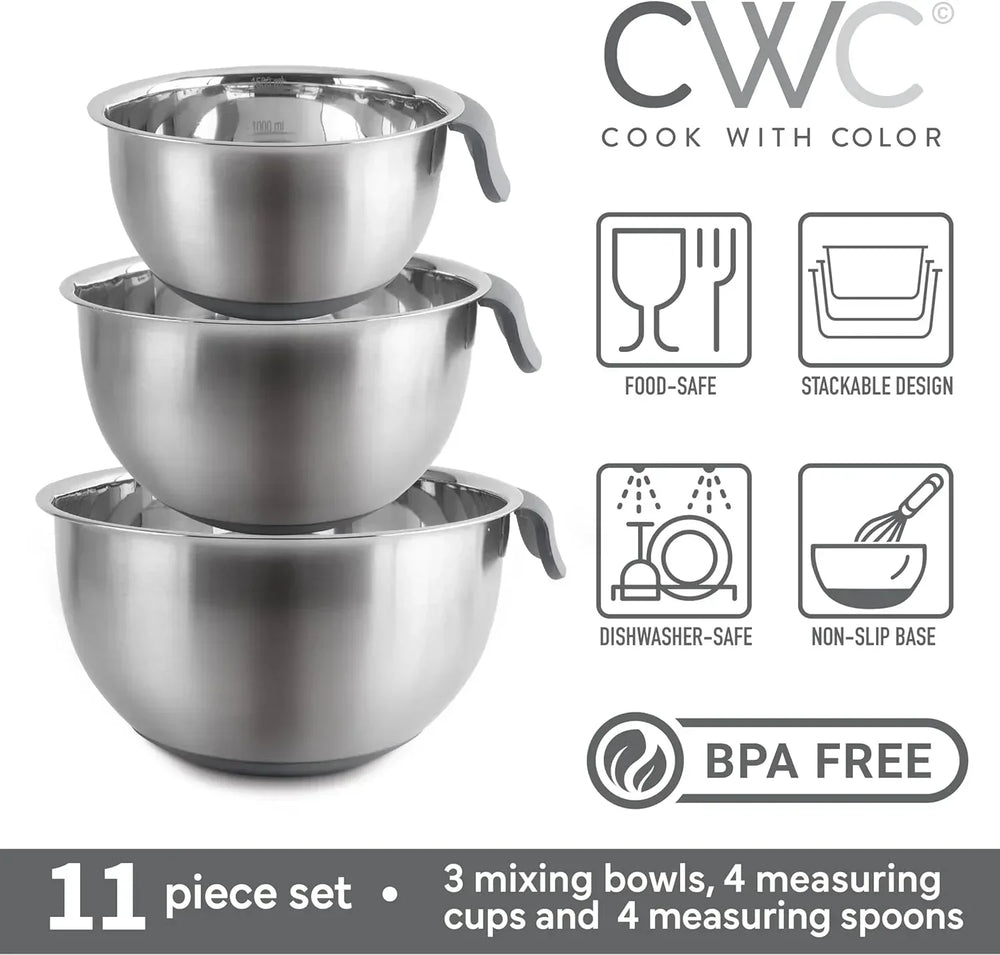 COOK WITH COLOR Stainless Steel Mixing Bowls Set and Measuring Cups- Nesting Bowls with Non-Slip Bottom and Easy-Grip Handles, 11 Pieces - USA MEGA SHOP
