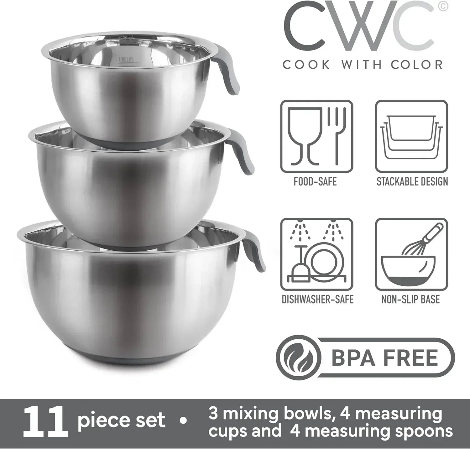 COOK WITH COLOR Stainless Steel Mixing Bowls Set and Measuring Cups- Nesting Bowls with Non-Slip Bottom and Easy-Grip Handles, 11 Pieces