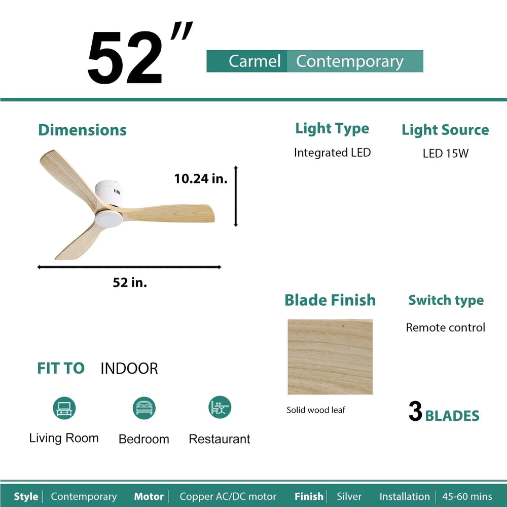 Sofucor 52 Inch Modern Flush Mount Ceiling Fan with Wood Blades - USA MEGA SHOP