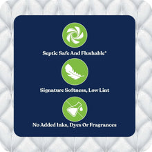 Toilet paper with low-lint, flushable claims, quilted white rolls