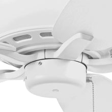 White ceiling fan motor housing with five white blades and pull chain