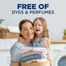 Laundry detergent 'Free of dyes & perfumes' message with a person holding the bottle