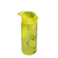Kids Grinch water bottle with straw and carry handle; lime green with Grinch face