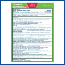 Pain relief patch Drug Facts panel with active ingredients, uses, and directions.