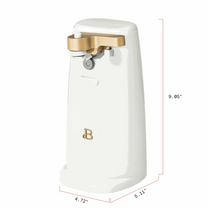 White electric can opener with gold handle and size measurements