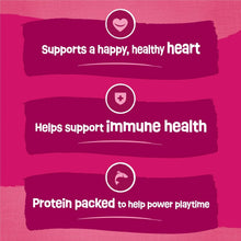 Dry cat food bag panel with heart, shield, and protein activity icons