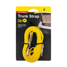 Universal 6 ft yellow trunk strap in retail package with metal clasps