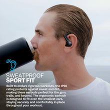 Black earhook true wireless earbuds worn in-ear during a fitness activity