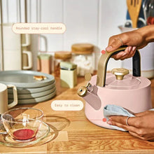 Rose ceramic stovetop tea kettle with stay-cool handle and gold lid