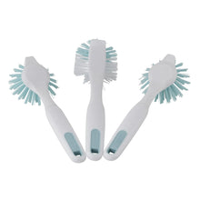 Three kitchen dish brushes with teal bristle heads on white comfort-grip handles