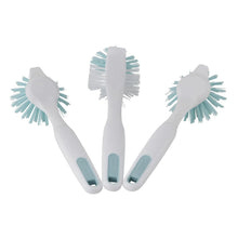 Dish brush set of 3, white handles with teal buttons and teal-tipped round bristle heads