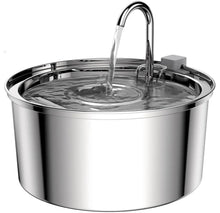 Stainless steel pet water fountain with curved faucet and flowing water into bowl