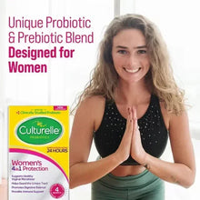 Culturelle Women’s Healthy Balance probiotic capsules box held by a smiling woman