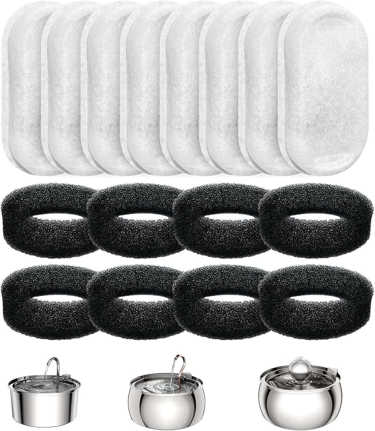 FWMB 16pcs Replacement Cat Water Fountain Filters, Compatiable with FWMB Cat Water Fountain 108oz/3.2L and 135oz/4.0L, 8 Pack Filters & 8 Sponges Foam Filter