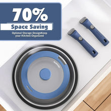 Stackable ceramic cookware with blue lids and detachable handles, designed for compact storage.