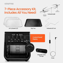 Air fryer oven with included accessories: air fry basket(s), drip tray, probe