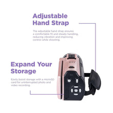 Pink digital camcorder showing hand strap and rear panel with ports