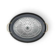 Perforated stainless-steel multi-cooker insert with circular grid pattern and center hub