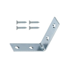 Zinc-plated corner brace bracket with four mounting screws, L-shaped.
