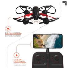 Quadcopter drone with digital camera, phone display, and handheld remote controller