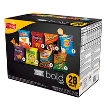 Snack chip variety pack box side panel with chip assortment graphic and 28 bags