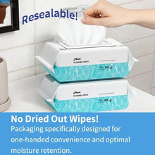 Resealable flushable wipes container with white-and-aqua wave packaging