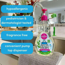 Baby bottle and dish soap pump bottle with pink top, fragrance-free front label